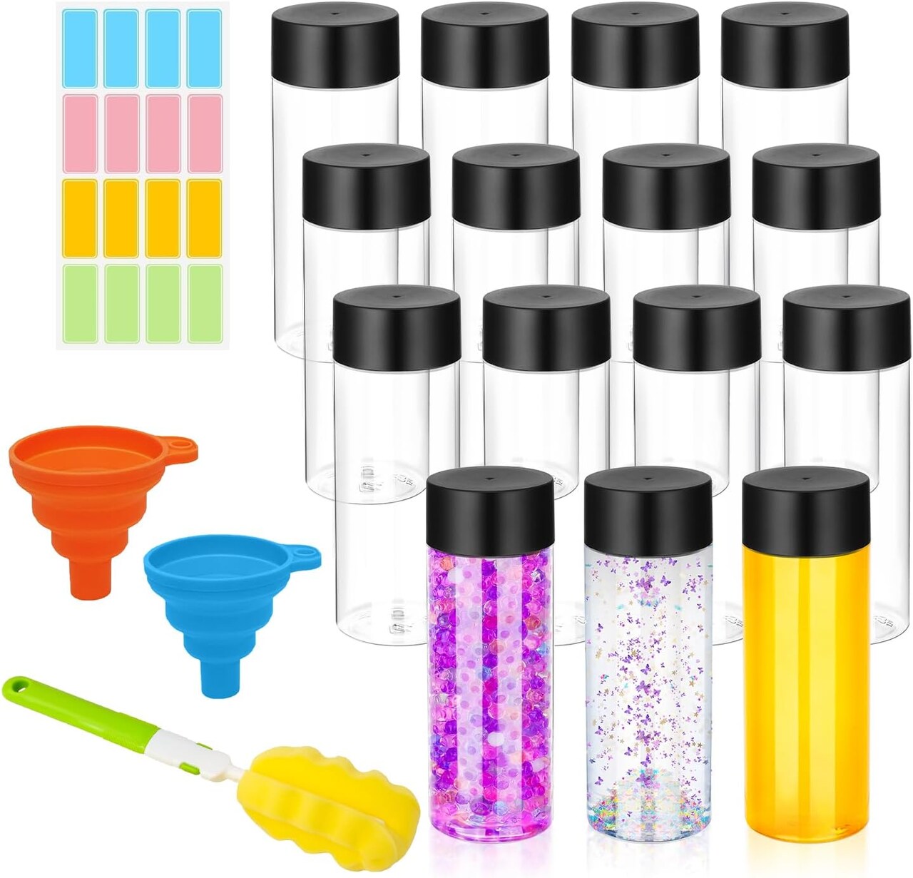 16 Pcs Clear Plastic Bottles Empty Sensory Bottles with Caps (Black Lid)